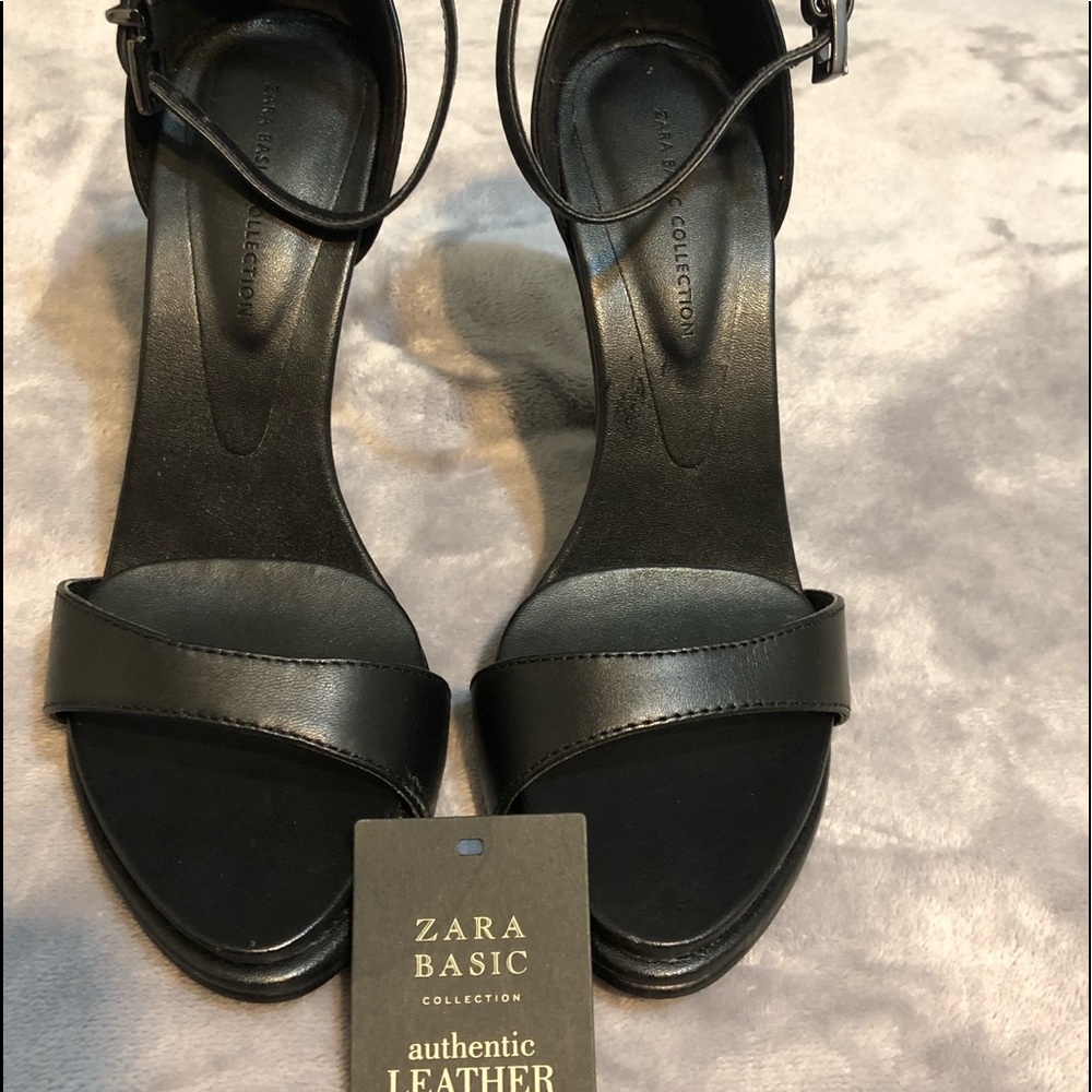 ZARA Black leather ankle strap heels (NEVER WORN)